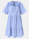 Solid Color O-neck Knotted Short Sleeve Casual Dress For Women - Blue