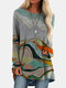 Landscape Prints O-neck Casual Long Sleeve Blouse For Women - Grey