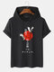 Mens Japanese Crane Print Short Sleeve Drawstring Hooded T-Shirts - Black