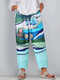 Casual Natural Scenery Print Irregualr Hem Plus Size Pants With Pockets - Blue