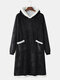 Mens Flannel Solid Double Pocket Plush Lined Warm Oversized Blanket Hoodie Robes - Black