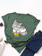 Cartoon Cat Printed O-neck Short Sleeve T-shirt - Army