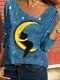 Cartoon Cat Stars Printed Long Sleeve Asymmetrical T-shirt For Women - Blue