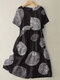 Print Crew Neck Short Sleeve Pocket Dress For Women - Black
