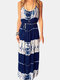 Vintage Printed Straps Maxi Dress With Belt - Dark Blue