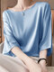 Атласная однотонная блуза с короткими рукавами и круглым вырезом Шея Женское - синий