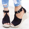 Women Buckle Strap Platform Comfy Wedges Casual Espadrilles Sandals - Black