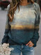 T-shirt casual de mangas compridas com decote em O, paisagem impressa para mulheres - Cinzento