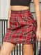 Check Print Lace Up Mini Skirt For Women - Red