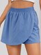 Solid Color Stitching Hem Elastic Waist Casual Shorts For Wmen - Blue