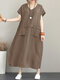 Damen Einfarbig Kurzarm Tasche V-Ausschnitt Vintage Kleid - Khaki
