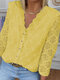 Blusa feminina de manga comprida com botão de renda e decote em V - Amarelo