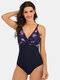 Plus Size Women Floral Print Splice Skinny Fit One Piece Swimwear - Navy Blue
