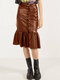 Pleated Patchwork Waist Belt Leather Hip Plus Size Skirt - Coffee