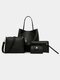 4PCS Bucket Handbag Women Plain Faux Leather Shoulder Bag Clutch Bag - Black