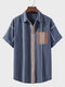 Mens Contrast Striped Patchwork Chest Pocket Casual Short Sleeve Shirts - Dark Blue