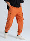 Men Solid Color Appliques Button Design Flap Pocket Cargo Pants - Orange