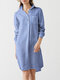 Check Pattern Long Sleeve Lapel Pocket Button Dress - Blue