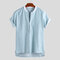 Mens 100% Cotton Breathable Striped Loose Short Sleeve Casual Designer Henley Shirts - Lake Blue