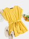 Women Solid Color V-neck Short Sleeve Casual Blouse With Belt - Yellow