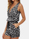 Leopard Printed V-neck Front Zipper Sleeveless Rompers - Grey