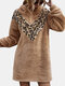 Fleece Leopard Print Zipper Casual Hooded Plus Size Midi Coat - Camel