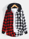 Mens Contrast Check Patchwork Long Sleeve Casual Flannel Hooded Shirts - White