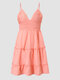 Lace Eyelet Tiered Solid Open Back Adjustable Strap Dress - Pink