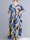 Abstract Painted Loose O-neck Half Sleeve Women Vintage Dress - Blue