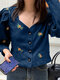Corduroy Floral Embroidery Square Collar Puff Sleeve Jacket - Navy