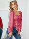 Solid Tie Square Collar Long Sleeve Blouse For Women - Rose