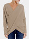 Cross Wrap Solid Color Irregular Long Sleeve Sweater - Khaki