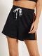 Side Striped Print Drawstring Casual Shorts for Women - Black