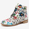 Women Elegant Flowers Printing Lace Up Block Heel Ankle Boots - Blue