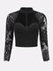 Sexy Lace Patchwork Bodycon Long Sleeve Women Crop Tops - Black
