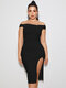 Solid Split Off-shoulder Bodycon Sexy Dress For Women - Black