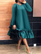 Robe à manches longues et col rond pour femme, grande taille, couleur unie, garniture à volants - vert