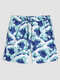 Men Waves Graphic Graceful Lifestyle Mid Length Water Resistant Breathable Board Shorts - Blue