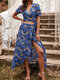 Print V-neck Short Sleeves Lace-up Dress Set For Women - Dark Blue