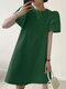 Puff Sleeve Casual Solid Crew Neck Women Dress - Green