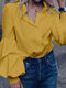 Solid Color Turn Down Collar Button Down Bishop Blouse - Yellow