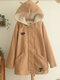 Cat Embroidered Hooded Thick Long Sleeve Casual Coat - Khaki
