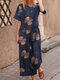 Flower Print Short Sleeve Wide Leg Two Pieces Suit - Navy