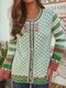 Vintage Print Button Long Sleeve Winter Sweater - Green