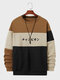 Mens Japanese Print Color Block Patchwork Pullover Sweatshirts - Brown