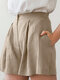 Shorts casuais de algodão com pregas e bolsos sólidos - Cáqui