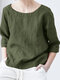 Women Solid Crew Neck 3/4 Sleeve Casual Blouse - Green