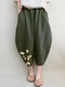 Daisy Print Elastic Waist Plus Size Pants With Pocket - Army Green