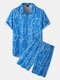 Mens Abstract Face Line Print Shirt & Drawstring Shorts Casual Co-ords - Blue