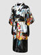 Women Satin Kimono Figure Print Bowknot Calf Length Home Robes - Black